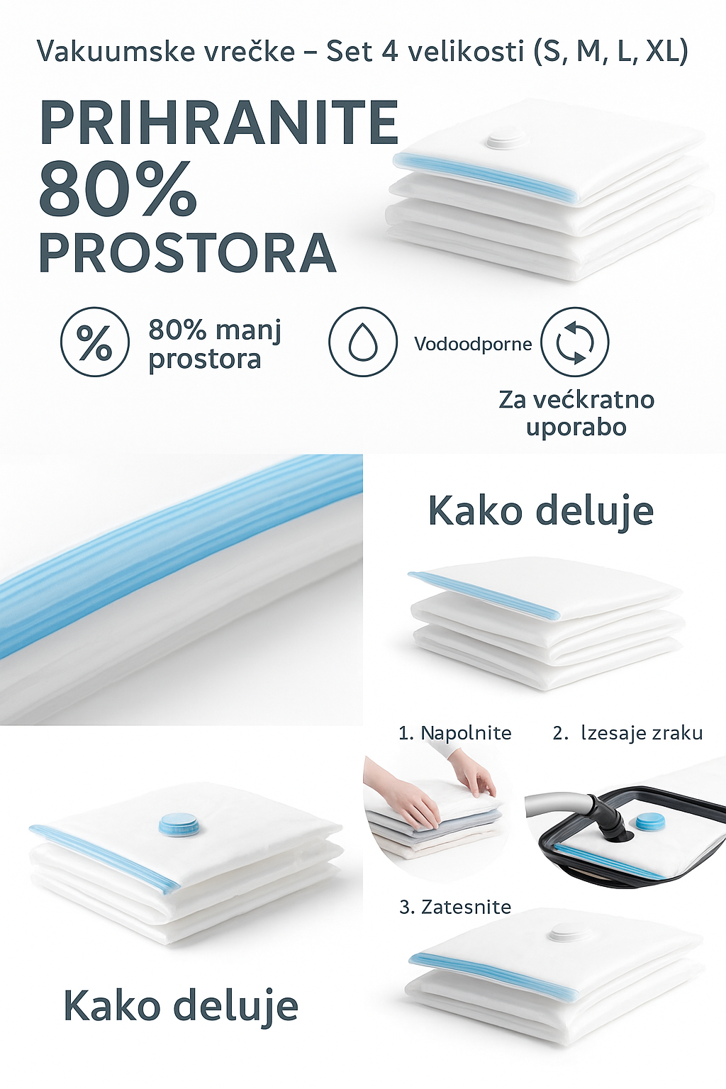 Vakuumske vrečke – Set 4 velikosti (S, M, L, XL)